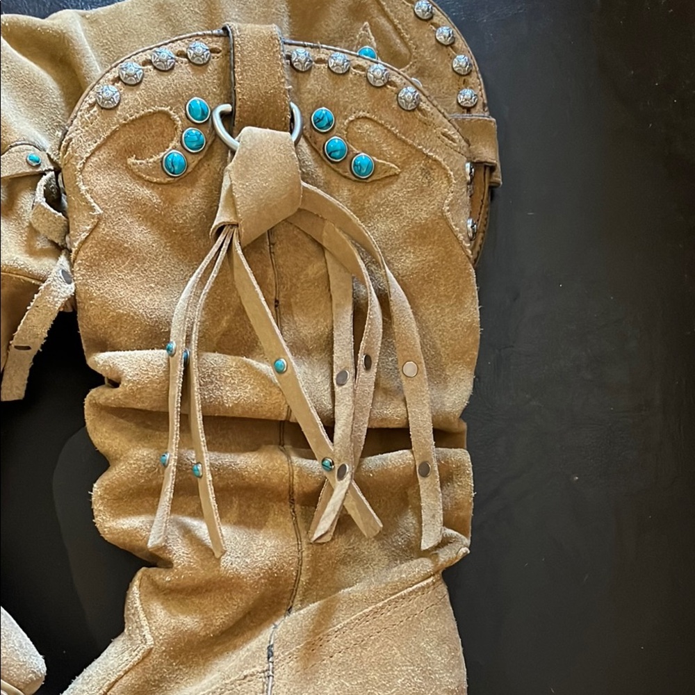 Western Boots with Distressed Leather and Slouched Shaft. Turquoise accents